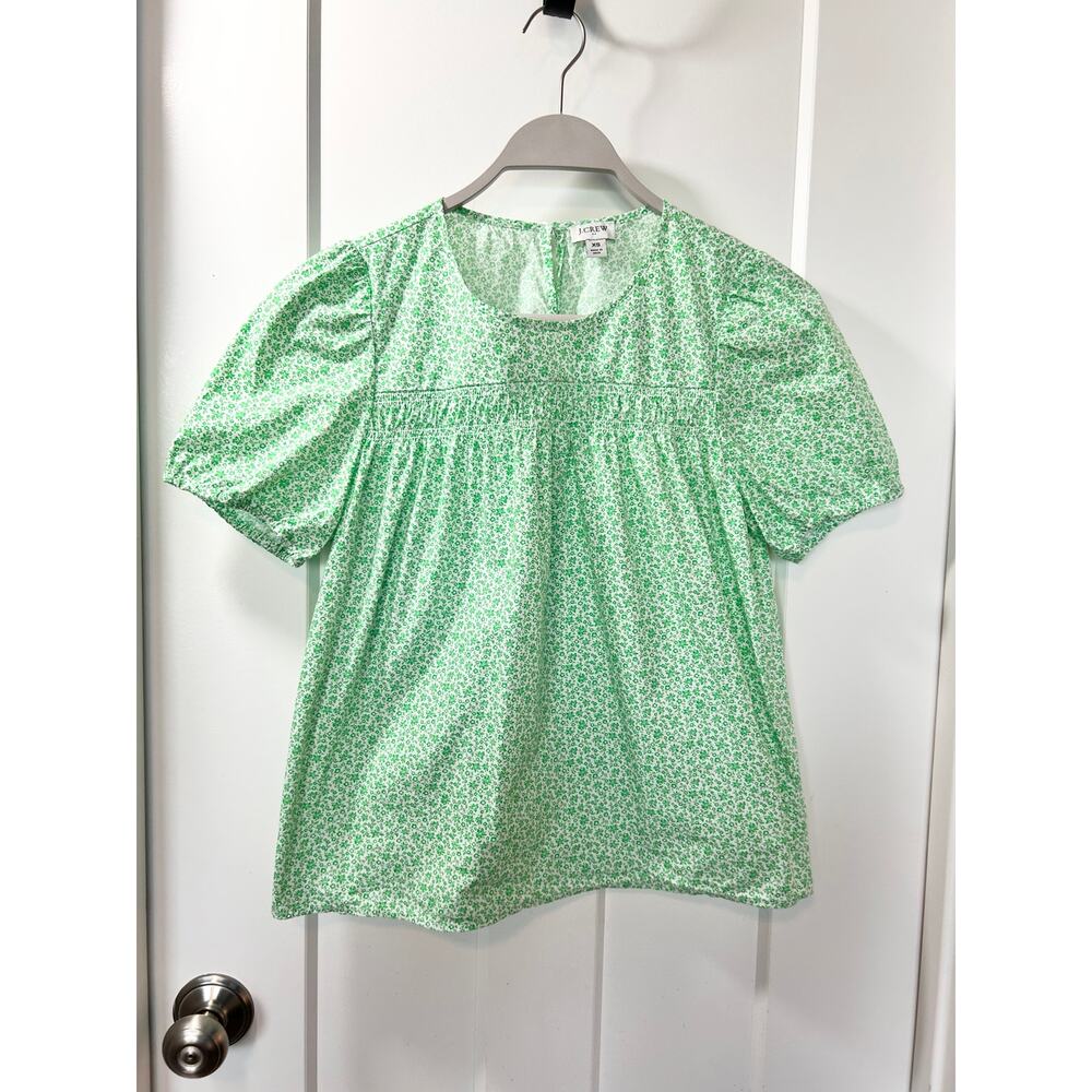 J. Crew Women's Floral 100% Cotton Puff Sleeve Blouse Top Green‎ White Size XS